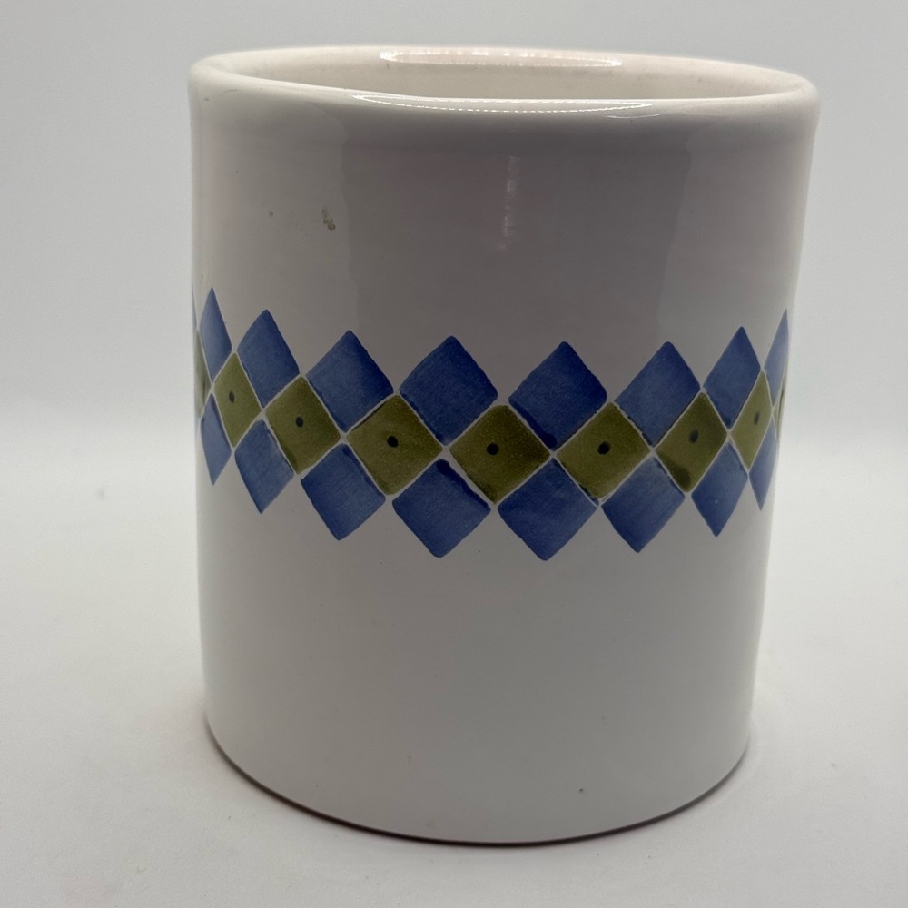 WILLIAMS-SONOMA Ceramic Utensil Holder Blue Green Diamond Harlequin Argyle